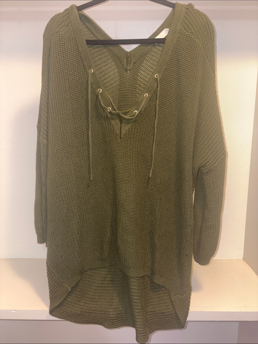 Altar'd State Olive Lace-Up V-Neck Oversized Knit Sweater